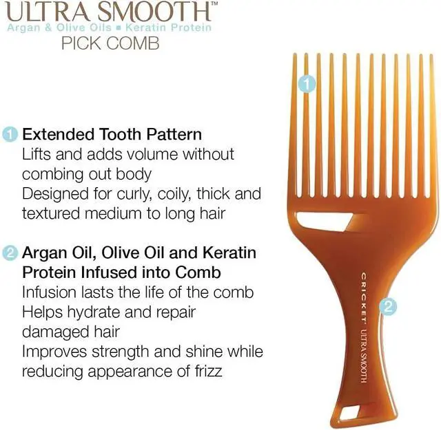 Alt view image 3 of 6 - Cricket Ultra Smooth Hair Pick Comb for Volumizing, Detangling, and Reducing Frizz - Enriched with Argan, Olive Oil, and Keratin Infused, Ideal for Curly, Thick, and Long Hair