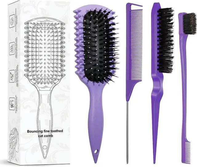 Main image of Curl Defining Brush with 3 Pcs Slick Back Hair Set Bristle Edge Control Teasing Comb, For Combing and Shaping in All Hairstyles to Reduce Pulling (Purple)
