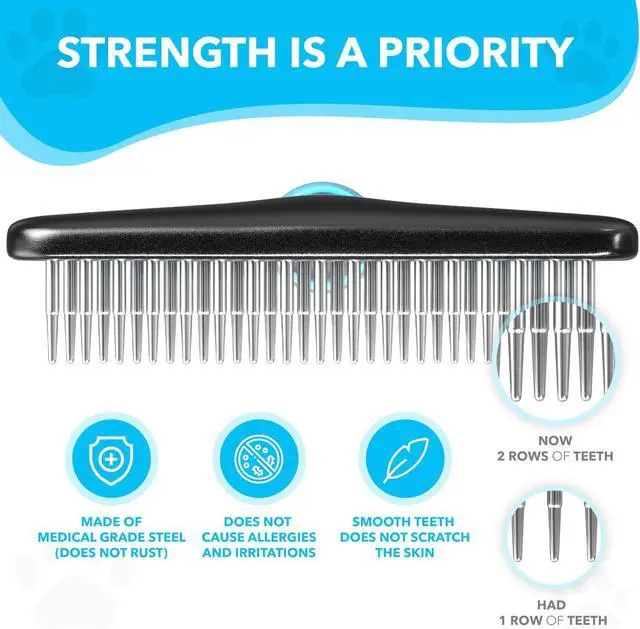 Alt view image 4 of 7 - DOGI Deshedding Brush - Undercoat Rake for Dogs, Cats, Matted, Short, Long Hair Coats - Double Row Stainless Steel Pins - Reduce Shedding by 90% (Blue)