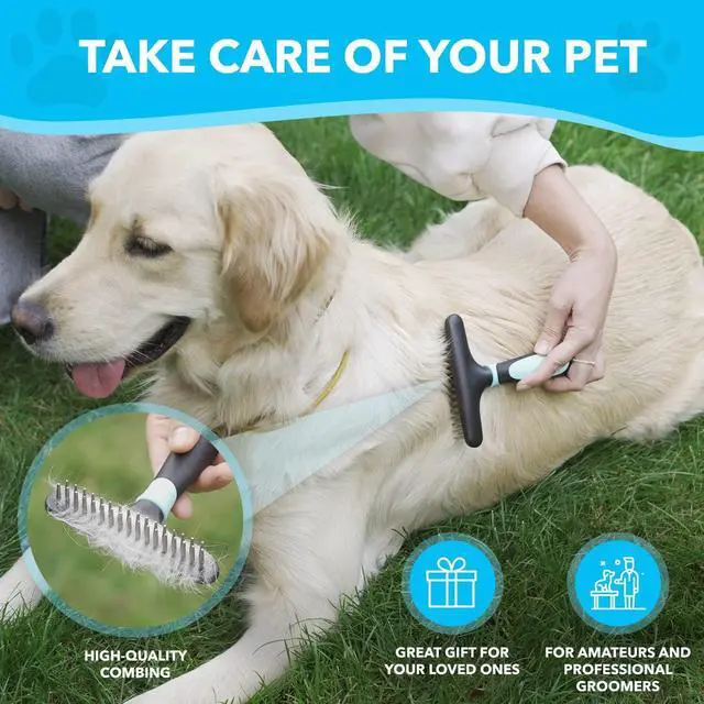 Alt view image 7 of 7 - DOGI Deshedding Brush - Undercoat Rake for Dogs, Cats, Matted, Short, Long Hair Coats - Double Row Stainless Steel Pins - Reduce Shedding by 90% (Blue)
