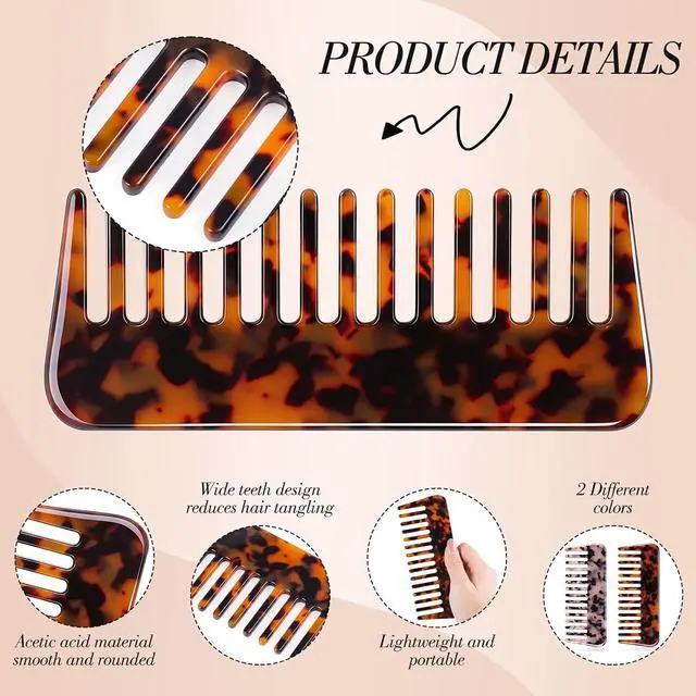 Alt view image 4 of 7 - 2 Pack Large Hair Detangling Comb for Curls & Thick Hair | Wide Tooth Detangling Combs,Wet or Dry Use,Cellulose Acetate, Smooth Rounded Teeth, Reduces Static, 6 x 2.4 In