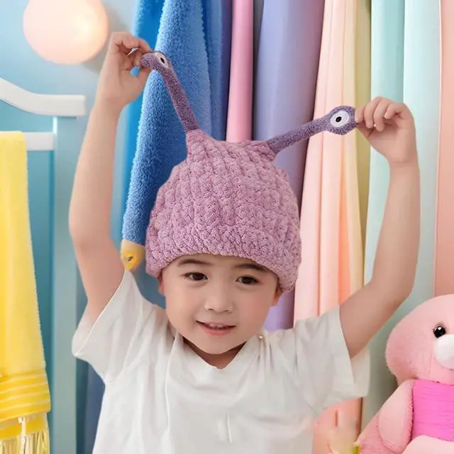 Alt view image 2 of 7 - Cute Cattle Shape Hair Drying Towels for Kids, Animal Hair Wrap Cap for Children (Purple)