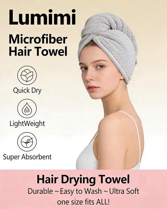 Alt view image 3 of 6 - Lumimi Microfiber Hair Towel Wrap 3 Pack for Women, 3 Colors A | Super Absorbent, Quick Dry Turban, Button Closure, Lightweight Hair Towel Cap