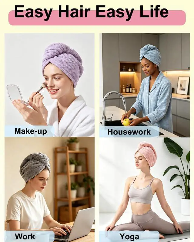 Alt view image 2 of 6 - Lumimi Microfiber Hair Towel Wrap 3 Pack for Women, 3 Colors A | Super Absorbent, Quick Dry Turban, Button Closure, Lightweight Hair Towel Cap