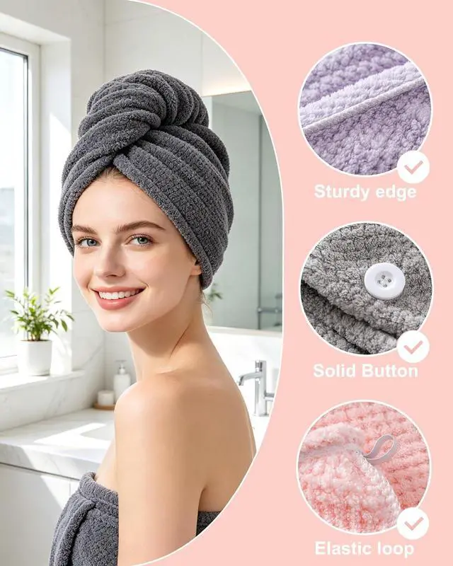 Alt view image 4 of 6 - Lumimi Microfiber Hair Towel Wrap 3 Pack for Women, 3 Colors A | Super Absorbent, Quick Dry Turban, Button Closure, Lightweight Hair Towel Cap