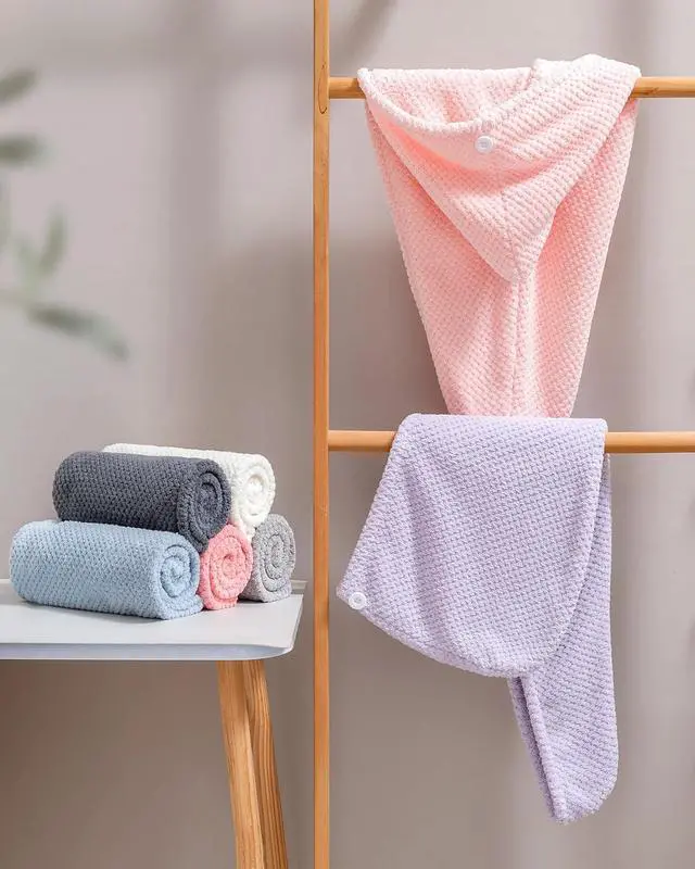 Alt view image 6 of 6 - Lumimi Microfiber Hair Towel Wrap 3 Pack for Women, 3 Colors A | Super Absorbent, Quick Dry Turban, Button Closure, Lightweight Hair Towel Cap