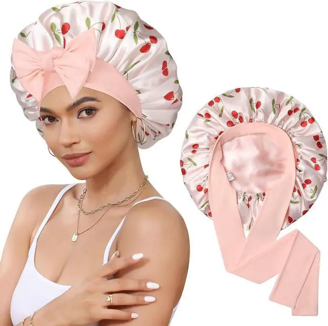 Main image of CHLINS Double Layer Satin Bonnet for Sleeping Women, Silk Hair Bonnet for Curly Hair