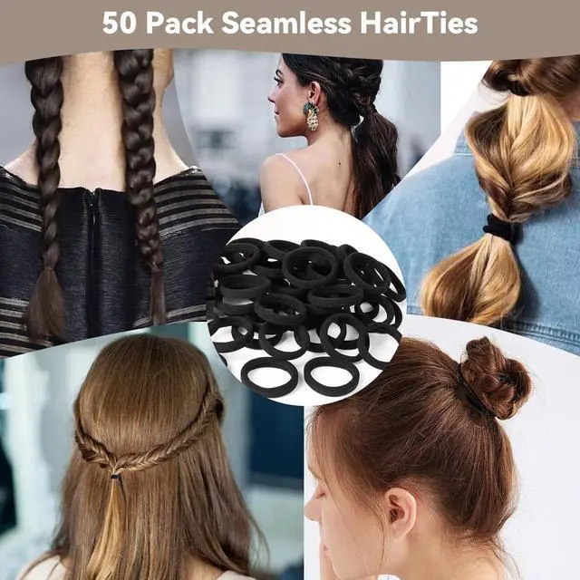 Alt view image 6 of 7 - 50Pack Black Hair Ties,Seamless Thick Hair Bands Ponytail Holder,Elastic Hair Tie No Damage Crease Hairties Soft Hair Ties for Women Girls Perfect for Long Lasting Braids Ponytails
