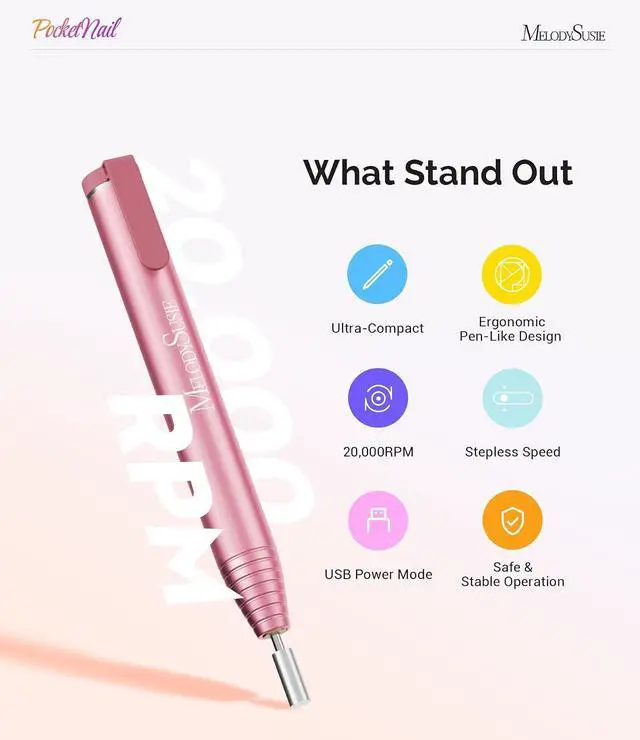 Alt view image 3 of 6 - MelodySusie Pen-Shaped Nail Drill PocketNail PC100G for Nail Beginners | 20,000 RPM, Ultra Slim, Gel Removal & Nail Care, for Home & Travel Use