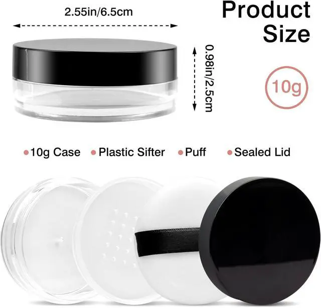 Alt view image 4 of 7 - 10g Refillable Loose Powder Container with Sifter & Puff Travel Cosmetic Jar Compact with Lid, Empty Makeup Box for Face Powder