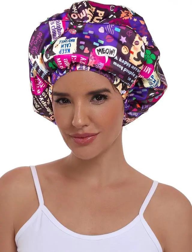 Alt view image 2 of 4 - Double Layer Satin Bonnet with Eye Mask Adjustable Silk Sleep Cap Turban Style Hair Wrap for Curly Hair Purple Animals