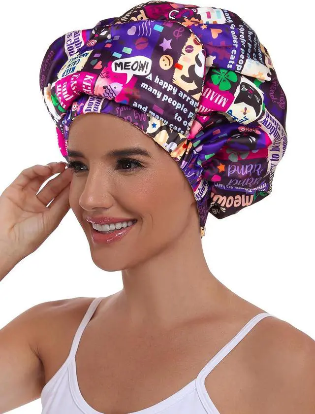 Alt view image 3 of 4 - Double Layer Satin Bonnet with Eye Mask Adjustable Silk Sleep Cap Turban Style Hair Wrap for Curly Hair Purple Animals