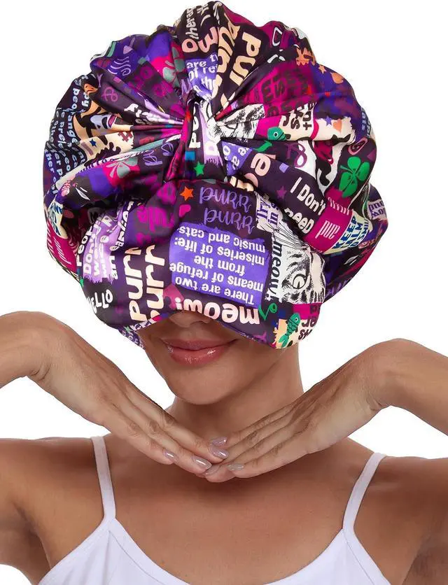 Alt view image 4 of 4 - Double Layer Satin Bonnet with Eye Mask Adjustable Silk Sleep Cap Turban Style Hair Wrap for Curly Hair Purple Animals