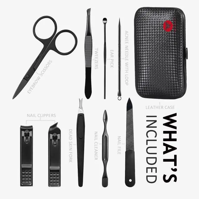 Alt view image 2 of 7 - HANTEKAS Manicure Set 9 in 1 Stainless Steel, Nail Clippers Scissors Pedicure Tools Kit - Portable Travel Grooming Kit for Men and Women with Black/Red Leather Case (Red)