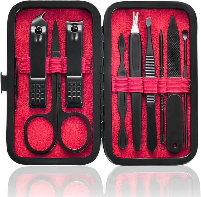 Main image of HANTEKAS Manicure Set 9 in 1 Stainless Steel, Nail Clippers Scissors Pedicure Tools Kit - Portable Travel Grooming Kit for Men and Women with Black/Red Leather Case (Red)