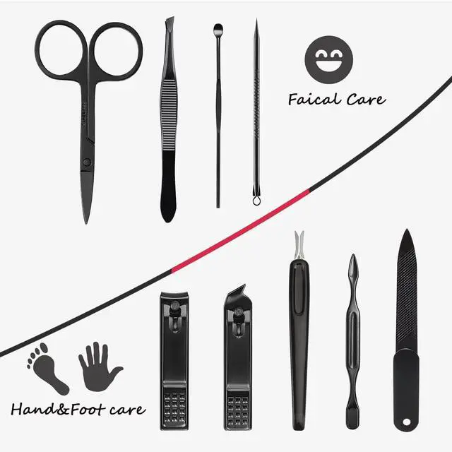 Alt view image 5 of 7 - HANTEKAS Manicure Set 9 in 1 Stainless Steel, Nail Clippers Scissors Pedicure Tools Kit - Portable Travel Grooming Kit for Men and Women with Black/Red Leather Case (Red)