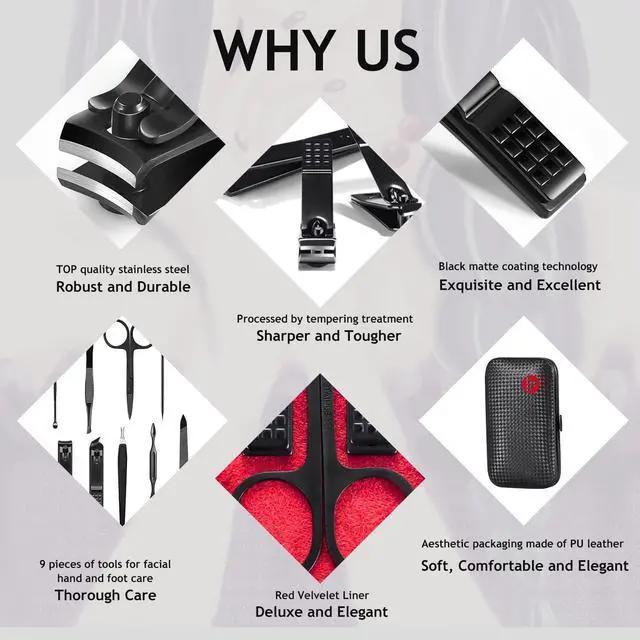 Alt view image 4 of 7 - HANTEKAS Manicure Set 9 in 1 Stainless Steel, Nail Clippers Scissors Pedicure Tools Kit - Portable Travel Grooming Kit for Men and Women with Black/Red Leather Case (Red)
