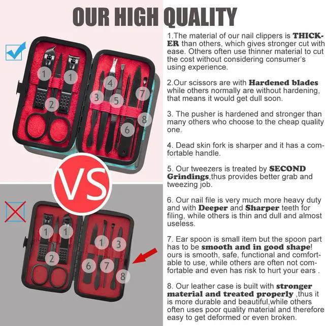 Alt view image 3 of 7 - HANTEKAS Manicure Set 9 in 1 Stainless Steel, Nail Clippers Scissors Pedicure Tools Kit - Portable Travel Grooming Kit for Men and Women with Black/Red Leather Case (Red)