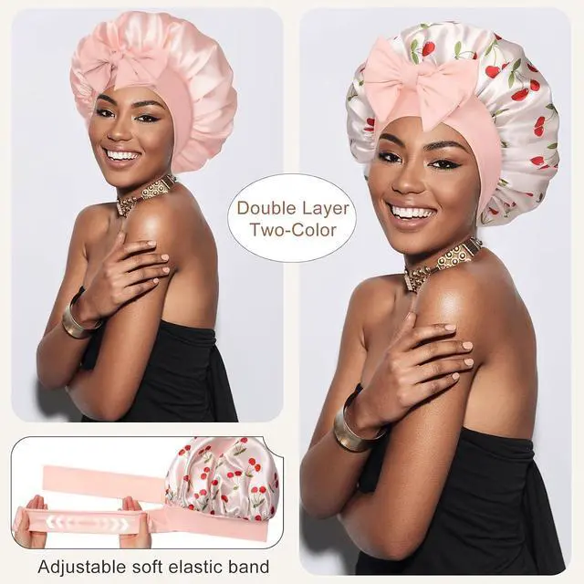 Alt view image 2 of 7 - CHLINS Double Layer Satin Bonnet for Sleeping Women, Silk Hair Bonnet for Curly Hair