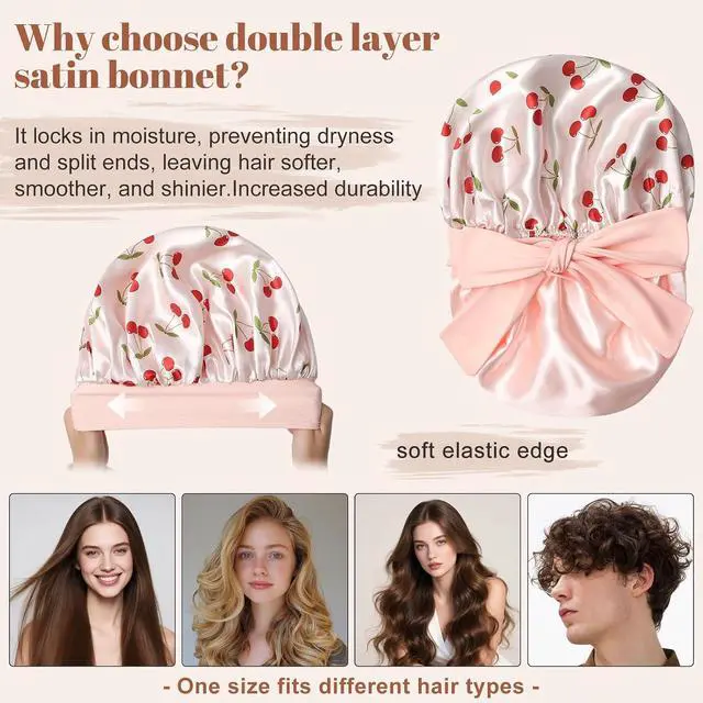 Alt view image 3 of 7 - CHLINS Double Layer Satin Bonnet for Sleeping Women, Silk Hair Bonnet for Curly Hair