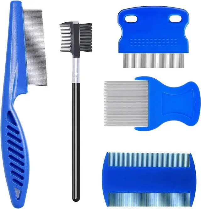 Main image of MEDUWEDU 5 Pack Flea & Lice Comb Set for Cats, Dogs & Kids Stainless Steel Fine Tooth Nit Comb Kit with Double-Sided Tear Stain Remover, Grooming Brush & Peine para Piojos for Thick Hair (Blue)