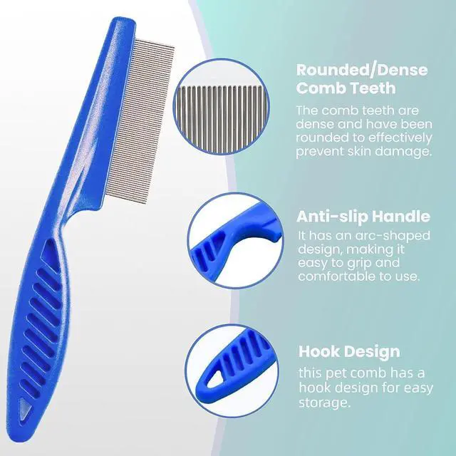 Alt view image 2 of 7 - MEDUWEDU 5 Pack Flea & Lice Comb Set for Cats, Dogs & Kids Stainless Steel Fine Tooth Nit Comb Kit with Double-Sided Tear Stain Remover, Grooming Brush & Peine para Piojos for Thick Hair (Blue)