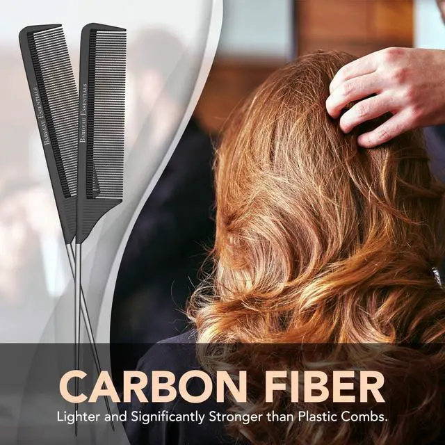 Alt view image 4 of 7 - Professional 8.8 Inch Tail Comb (2 Pack) - Black Carbon Fiber And Stainless Steel Tail Comb - Anti Static And Heat Resistant - Lightweight For All Hair Types By Bardeau Essentials