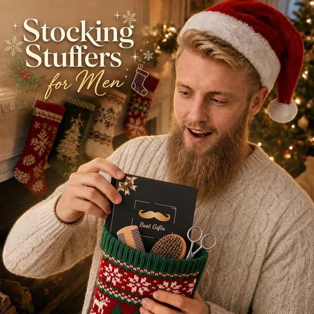 Alt view image 2 of 7 - Mens Gift Set with Beard Brush Beard Comb, Christmas Stocking Stuffers | Mens Gifts for Him Dad Husband Boyfriends Grandpa, Bristle Brush Natural Wood Comb Mustache Scissors, Travel Grooming Tools