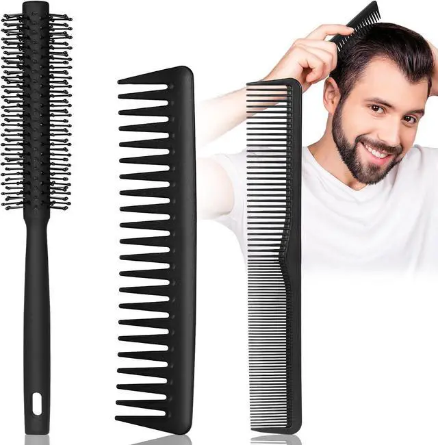 Main image of 3PCS Comb Set Hair Combs for Men, Fine and Wide Tooth Comb, Roller Brush for Adding Volume, Hair Styling Mens Comb for Styling and Grooming, Frosted Texture