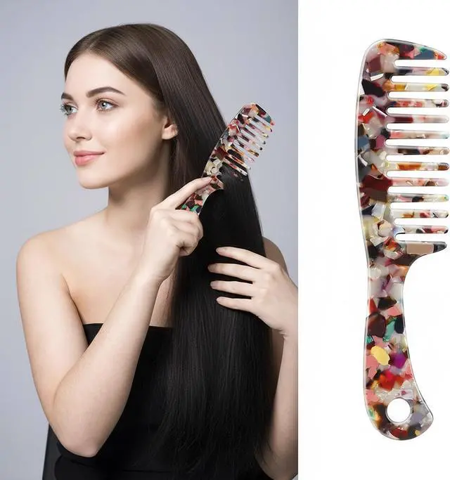 Main image of Large Wide Tooth Hair Comb Tortoise Shell Comb for Thick Curly Hair | Cellulose Acetate Hair Detangling Comb Round Tooth for Women Men or Kids, Anti-Static Wet or Dry, Multi-colored
