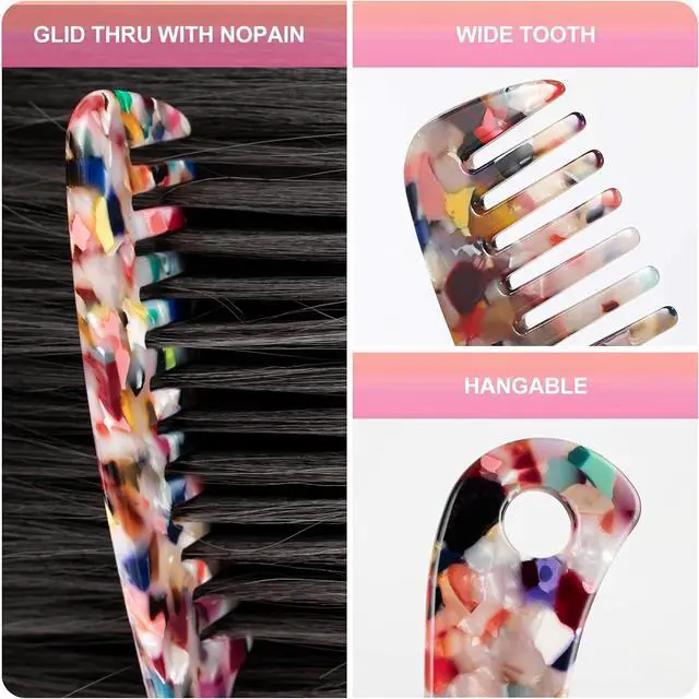Alt view image 5 of 7 - Large Wide Tooth Hair Comb Tortoise Shell Comb for Thick Curly Hair | Cellulose Acetate Hair Detangling Comb Round Tooth for Women Men or Kids, Anti-Static Wet or Dry, Multi-colored