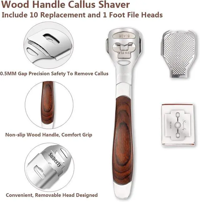 Alt view image 3 of 6 - 2 Pack Pedicure Kit, Foot File Callus Remover, Heel Scraper for Feet | Stainless Steel Foot Rasp & Wood Handle Callus Shaver (10 Replacements and 1 File Foot Head), Callus Remover for Feet