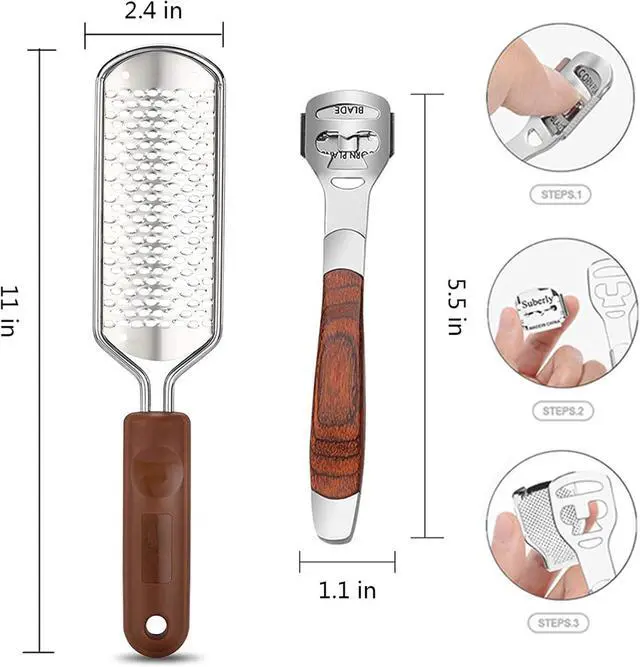 Alt view image 4 of 6 - 2 Pack Pedicure Kit, Foot File Callus Remover, Heel Scraper for Feet | Stainless Steel Foot Rasp & Wood Handle Callus Shaver (10 Replacements and 1 File Foot Head), Callus Remover for Feet