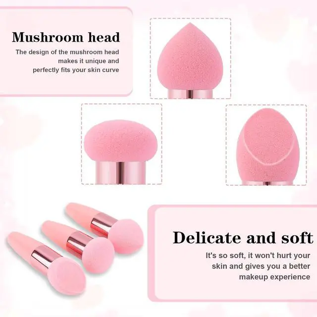 Alt view image 3 of 7 - Oruola 3pcs Foundation Applicator, Makeup Sponge with Handle | Different Shapes of Makeup Applicator Sponge, Multipurpose Mushroom Powders Puff, Dry & Wet Use, for Powder Cream