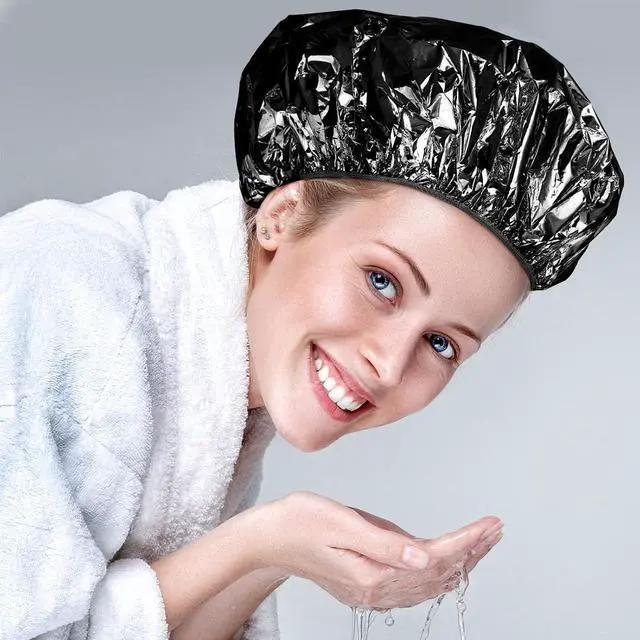 Alt view image 3 of 7 - WILLBOND 12 Pcs Foil Conditioning Caps, 12 Inch Black Hair Salon | Aluminum Shower Caps for Deep Conditioning, Hair Coloring Heat Treatment, Reusable Foil Design, Elastic Band for Most Heads
