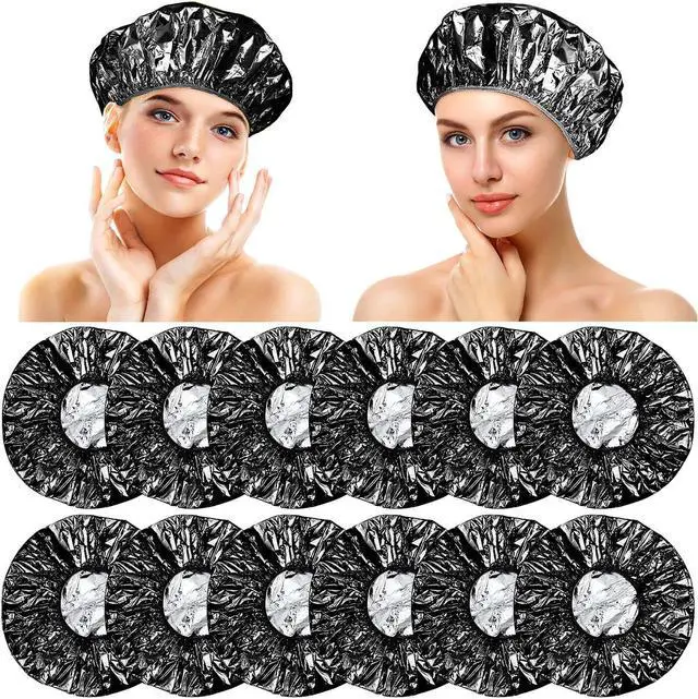 Main image of WILLBOND 12 Pcs Foil Conditioning Caps, 12 Inch Black Hair Salon | Aluminum Shower Caps for Deep Conditioning, Hair Coloring Heat Treatment, Reusable Foil Design, Elastic Band for Most Heads