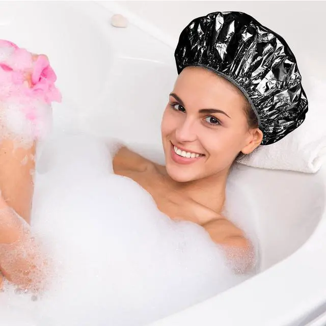 Alt view image 4 of 7 - WILLBOND 12 Pcs Foil Conditioning Caps, 12 Inch Black Hair Salon | Aluminum Shower Caps for Deep Conditioning, Hair Coloring Heat Treatment, Reusable Foil Design, Elastic Band for Most Heads