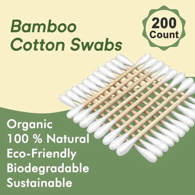 Alt view image 2 of 7 - Egaageoi 200 Count 100% Organic Bamboo Cotton Swabs with Bamboo Sticks | Biodegradable Double-Tipped Cotton Buds for Beauty, Baby Care, First Aid, Makeup, Pet Care, Electronics & Household Cleaning