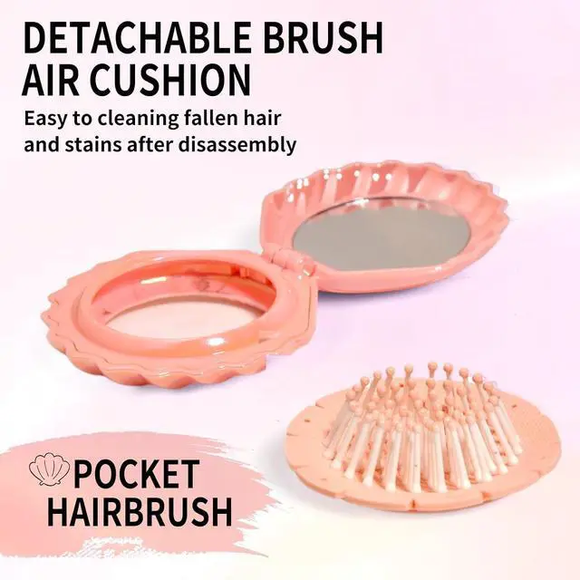 Alt view image 5 of 7 - Metallic Shinning Finish Foldable Travel Hair Brushes with Mirror Shell Shape Portable Folding Pocket Hair Brush Mini Hair Comb Compact Size Hair Massage Comb (Pink)