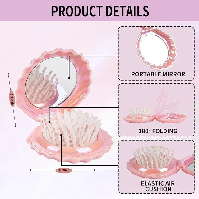 Alt view image 3 of 7 - Metallic Shinning Finish Foldable Travel Hair Brushes with Mirror Shell Shape Portable Folding Pocket Hair Brush Mini Hair Comb Compact Size Hair Massage Comb (Pink)