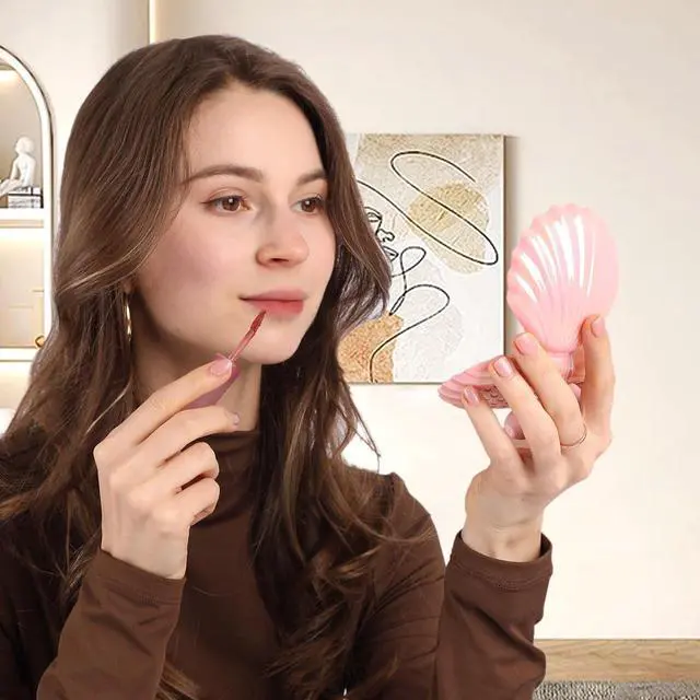 Alt view image 2 of 7 - Metallic Shinning Finish Foldable Travel Hair Brushes with Mirror Shell Shape Portable Folding Pocket Hair Brush Mini Hair Comb Compact Size Hair Massage Comb (Pink)
