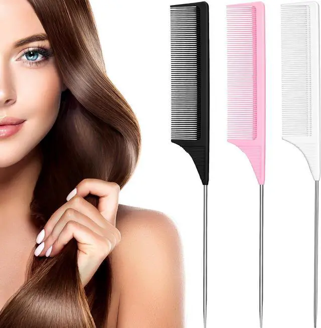 Main image of Leinuosen 3 Pack Rat Tail Comb Carbon Fiber,Black, Pink, White | Steel Pin Tail for Sectioning, Heat Resistant Teasing, Pick Comb for Women Wig Styling, Fishtail Design for Salon Updos