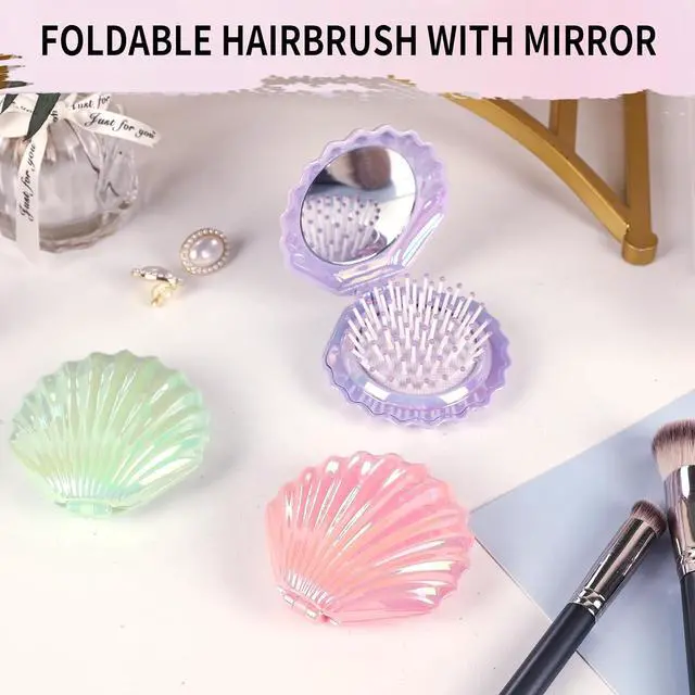 Alt view image 7 of 7 - Metallic Shinning Finish Foldable Travel Hair Brushes with Mirror Shell Shape Portable Folding Pocket Hair Brush Mini Hair Comb Compact Size Hair Massage Comb (Pink)