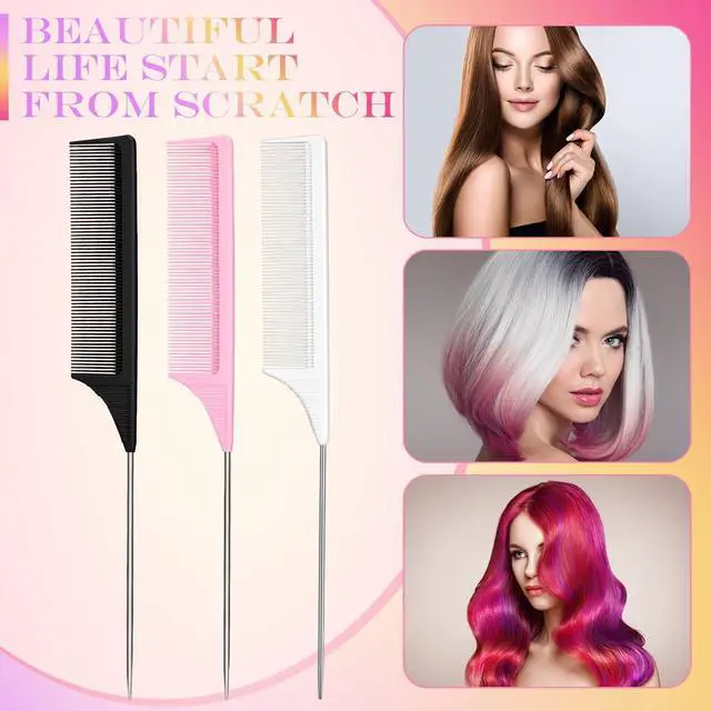 Alt view image 5 of 6 - Leinuosen 3 Pack Rat Tail Comb Carbon Fiber,Black, Pink, White | Steel Pin Tail for Sectioning, Heat Resistant Teasing, Pick Comb for Women Wig Styling, Fishtail Design for Salon Updos