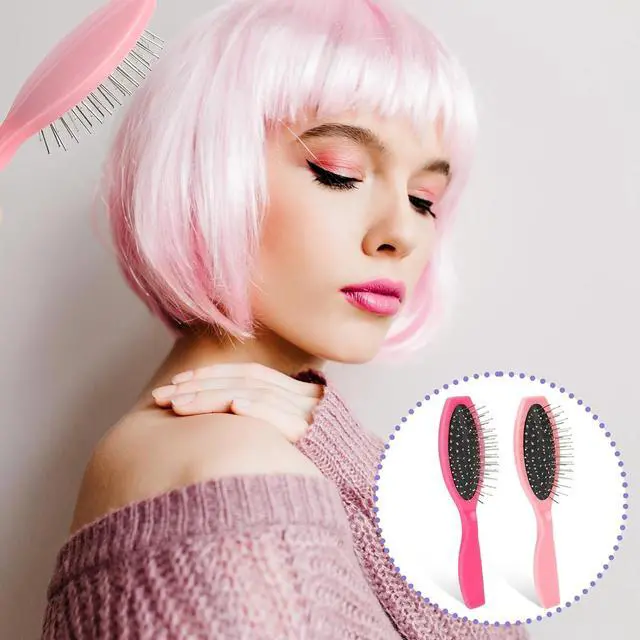 Alt view image 7 of 7 - Metal Hair Brush,2 Pack Small Doll Wig Brush for Synthetic Wig Wire Cushion Brush Portable Stainless Steel Bristle Detangler Hairbrush Professional Wig Hair Combs Hair Extension Brush for Women