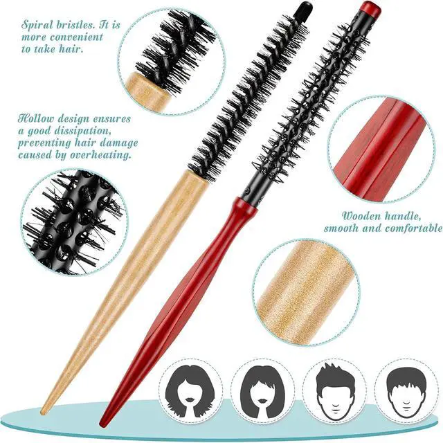 Alt view image 3 of 7 - Chengu 2 Pcs Small Round Hair Brush Mini Round Wood Brush | Roller Quiff Hair Combs, Nylon Bristles Salon Dressing for Blow Drying, Curly Styling Bangs Lifting Beard Care, 2 Styles