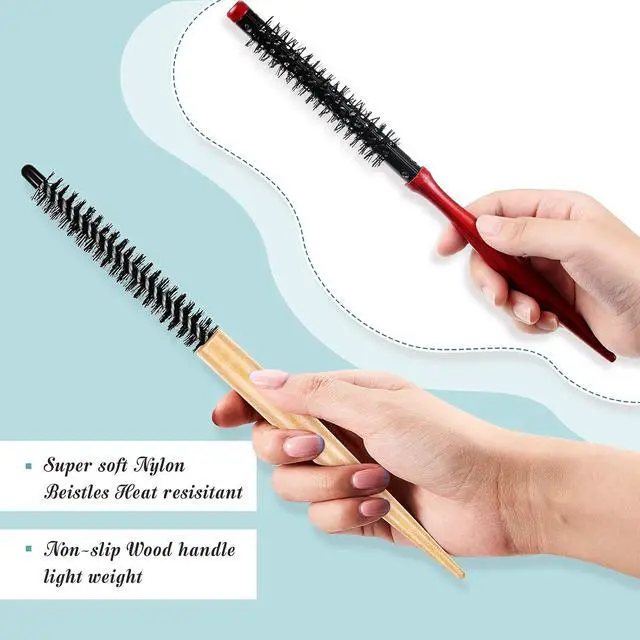 Alt view image 4 of 7 - Chengu 2 Pcs Small Round Hair Brush Mini Round Wood Brush | Roller Quiff Hair Combs, Nylon Bristles Salon Dressing for Blow Drying, Curly Styling Bangs Lifting Beard Care, 2 Styles