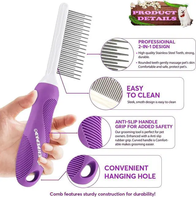 Alt view image 2 of 7 - GENPEPADO Grooming Comb for Dogs and Cats with Matted Hair, Detangling Pet Comb with Long and Short Stainless Steel Metal Fine Teeth for Removing Mats, Tangles, Knots & Loose Fur from The Undercoat