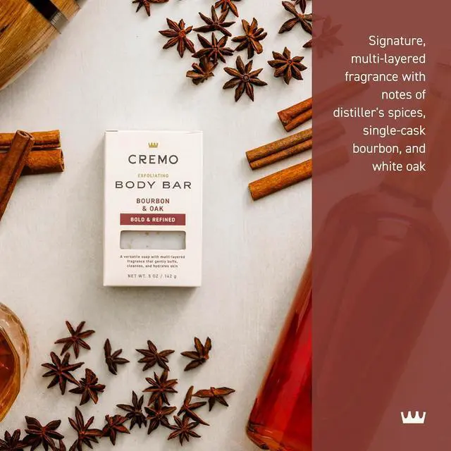 Alt view image 2 of 7 - Cremo Exfoliating Body Bar for Men, Bourbon & Oak Scent, Multi-Layered Fragrance That Buffs, Cleanses and Hydrates Skin, 5oz