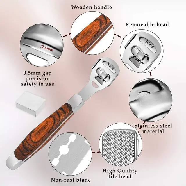 Alt view image 3 of 7 - 15 Pcs Callus Shaver, Foot Shaver Callus Remover for Feet Hand Care | Stainless Steel Shaver and Wooden Handle, With Foot File, 10 Pcs Blades, Foot File Head and Dead Skin Storage Cover